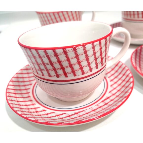 2 Ralph Lauren Wedgwood Homestead Cups & Saucers  England Red White Checker - Picture 4 of 14